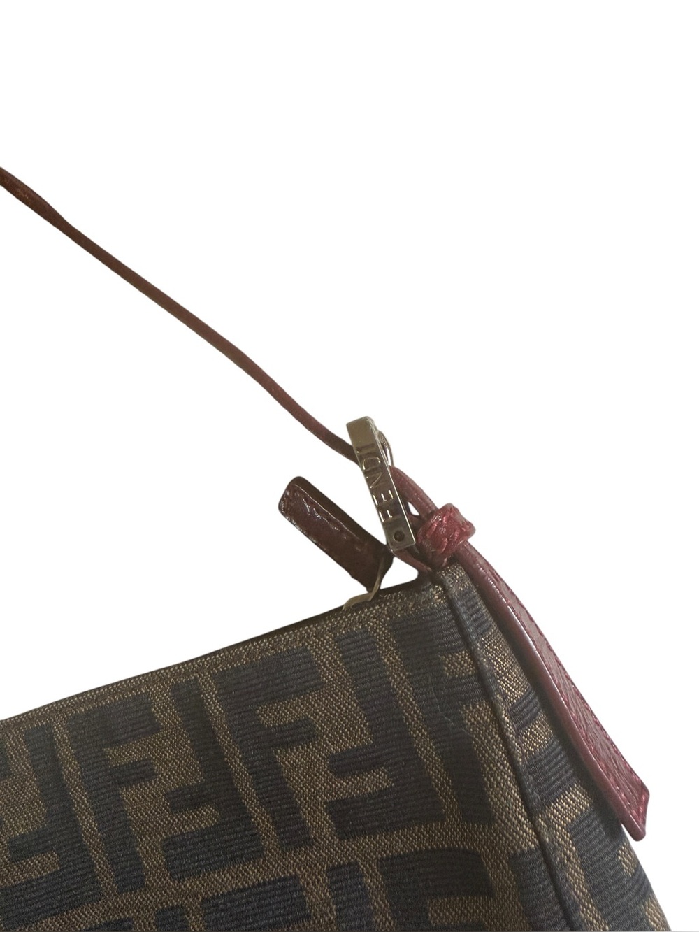 Fendi Zucca FF Monogram Pochette Canvas & Leather Burgundy Shoulder Baguette Bag - Picture 6 of 8